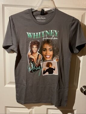 Whitney Houston Graphic Band Tee - Gray with Teal and White Print